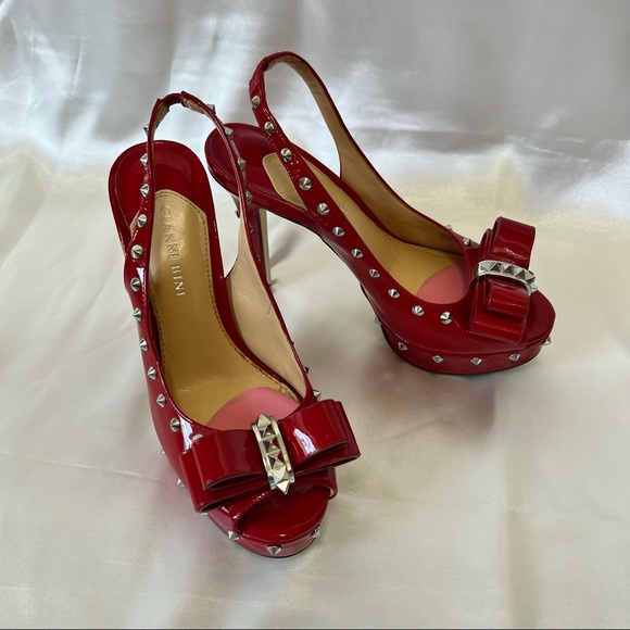 Gianni Bini Shoes Gianni Bini Red Patent Platform Peep Toe Studded